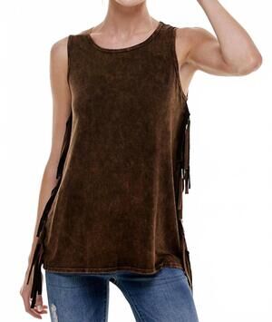 NEW T-PARTY mineral wash fringe side top in brown